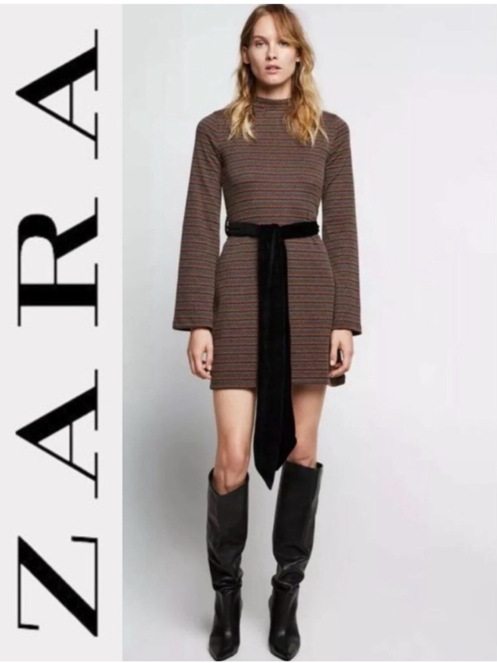 Zara Chevron Printed Mock Neck Tie Waist Dress - Long Sleeve
